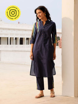 Okhai - Navy Blue Rangrez Pure Cotton Hand Embroidered Kurta Pant (Set of 2)