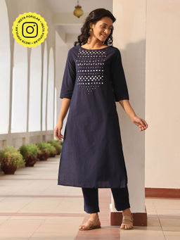 Okhai - Navy Blue Shinning Stardust Hand Embroidered Mirror Work Kurta
