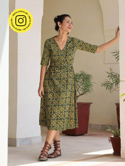 Okhai - Green Labyrinth Pure Cotton Ajrakh Mirror Work Wrap Dress