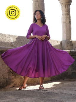 Okhai - Magical Amethyst Hand Embroidered Pure Cotton Mul Flared Dress (Set of 2)