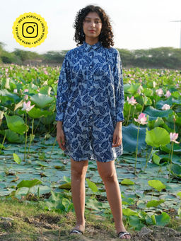 Okhai - Blue Monsoon Mirror Work Handblock Printed Pure Cotton Shirt Dress (Set of 2)