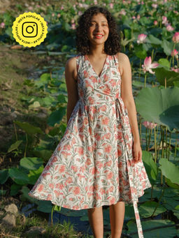 Okhai - Dahlia Dreams Hand Block Printed Pure Cotton Sleeveless Wrap Dress