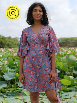 Okhai - Amaryllis Mirror Work Handblock Printed Pure Cotton Wrap Dress