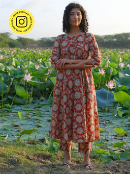 Okhai - Frangipani Mirror Work Hand Block Printed Pure Cotton Kurta Pant (Set of 2)