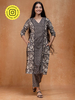 Okhai - Ivory Bloom Handblock Printed Pure Cotton Embroidered Kurta Pant (Set of 2)