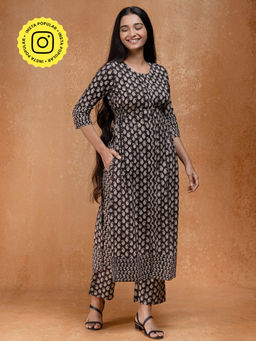 Okhai - Black Forest Handblock Printed Pure Cotton Kurta Pant (Set of 2)