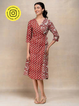 Okhai - Soaring Robin Handblock Printed Pure Cotton Wrap Dress