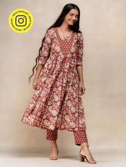 Okhai - Rosemary Mirrorwork Handblock Printed Pure Cotton Kurta Pant (Set of 2)