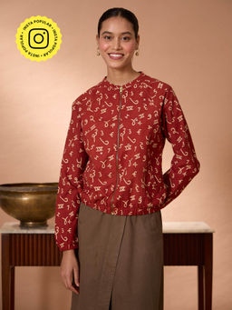 Okhai - Crimson Count Handblock Printed Ajrakh Pure Cotton Mirror Work Bomber Jacket