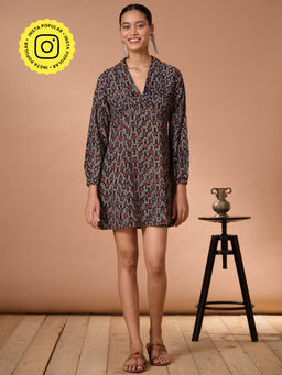 Okhai - Black Garnet Handblock Printed Ajrakh Pure Cotton Collared Short Dress