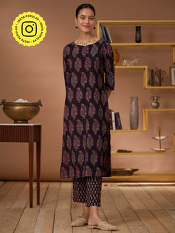 Okhai - Floraison Blossom Hand Mirrorwork Handblock Ajrakh Pure Cotton Kurta Pant (Set of 2)
