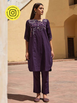 Okhai - Mohenjo Daro Hand Embroidered Pure Cotton Kurta Pant with Dupatta (Set of 3)