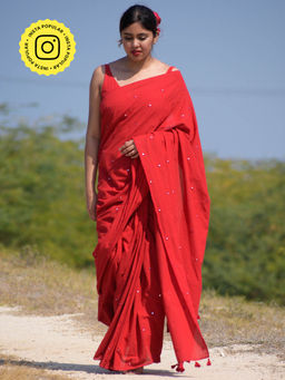 Okhai - Embrace Hand Embroidered Mirror Work Cotton Saree without Blouse