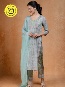 Okhai - Pistachio Floral Hand Block Printed Pure Cotton Kurta With Pant And Dupatta (Set of 3)