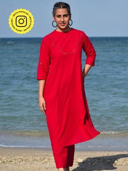 Okhai - Dilruba Hand-Embroidered Mirrorwork Pure Cotton Kurta Pant Red (Set of 2)