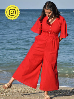 Okhai - Pioneer Hand-Embroidered Mirrorwork Pure Cotton Jumpsuit Red