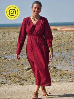 Okhai - Aafreen Hand-Embroidered Mirrorwork Pure Cotton V-Neckline Dress Maroon
