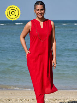 Okhai - Passionate Hand-Embroidered Mirrorwork Pure Cotton Sleeveless Kurta Pant Red (Set of 2)