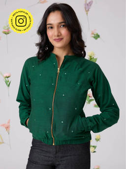 Okhai - Pastoral Green Hand Embroidered Mirror Work Bomber Jacket