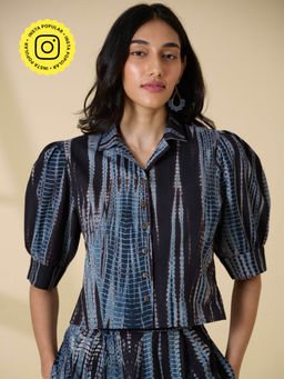 Okhai - Amalfi Tie and Dye Pure Cotton Black Collared Shirt