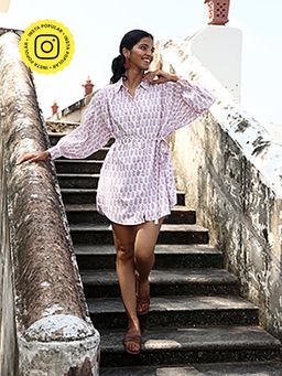 Okhai - Virtuoso Floral Handblock Printed Pure Cotton Shirt Dress (Set of 2)