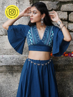 Okhai - Rasiya Hand-Embroidery and Mirror Work Blue Pure Cotton Blouse