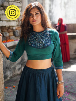 Okhai - Sanedo Hand-Embroidery and Mirror Work Sea Green Pure Cotton Blouse