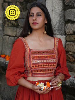 Okhai - Nritya Hand-Embroidery and Mirror Work Rust Pure Cotton Blouse