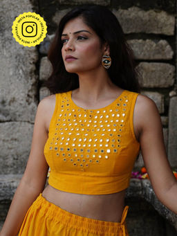 Okhai - Ashtami Mirror Work Yellow Pure Cotton Sleeveless Blouse