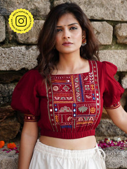 Okhai - Raas-Garba Hand-Embroidery and Mirror Work Brick Red Pure Cotton Blouse