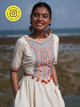 Okhai - Durgesh Wari Hand-Embroidery and Mirror Work Off White Pure Cotton Blouse