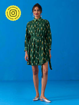 Okhai - Peacock Flare Ikat Pure Cotton Shirt Dress with Belt (Set of 2)