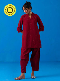 Okhai - Ishqiya Maroon Mirror Work Kurta & Salwar (Set of 2)