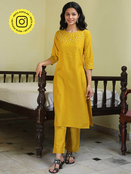 Okhai - Honeybee Pure Cotton Mirror Work Kurta & Pant (Set of 2)