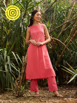Okhai - Rosewood Beadwork Pink Kurta with Pant (Set of 2)