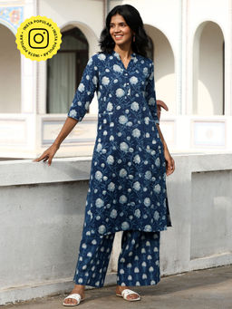 Okhai - Floral Blue Kurta with Palazzo (Set of 2)