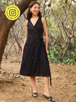 Okhai - Starlit Hand Embroidered Mirrorwork Pure Cotton Wrap Dress