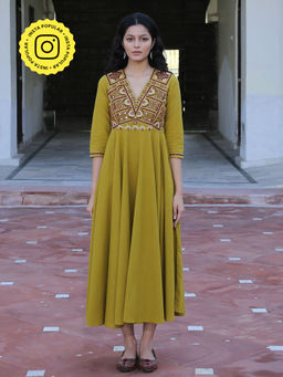 Okhai - Apricity Pure Cotton Hand Embroidered Mirror Work Dress