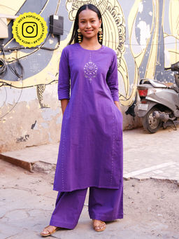 Okhai - Fig Suf Embroidered Pure Cotton Purple Kurta with Palazzo (Set of 2)