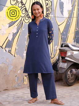 Okhai - Tangerine Suf Embroidered Pure Cotton Blue Kurta with Pant (Set of 2)
