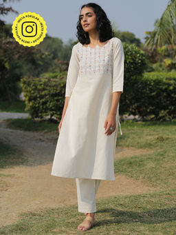 Okhai - Flourish Hand Embroidered White Kurta with Pant (Set of 2)