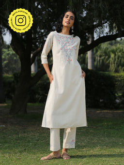 Okhai - Off White Pearl Hand Embroidered Cotton Kurta with Pant (Set of 2)