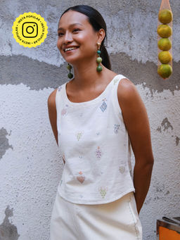 Okhai - Peach Fizz Suf Embroidered Pure Cotton Off White Top