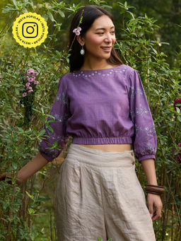 Okhai - Oorja Hand-Embroidery Mirrorwork Pure Cotton Purple Crop Top