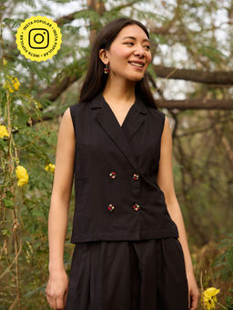 Okhai - Nightshade Hand-Embroidered Black Pure Cotton Waist Coat Top