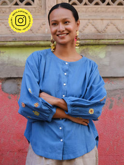 Okhai - Pineapple Punch Suf Embroidered Cotton Antifit Blue Top