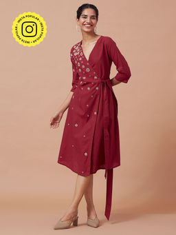 Okhai - Glittered Sky Pure Cotton Hand Embroidered Mirror Work Wrap Dress