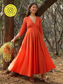 Okhai - Kanak Hand-Embroidery & Mirrorwork Pure Cotton Orange Dress