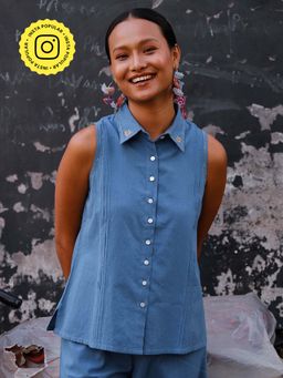 Okhai - Watermelon Whimsy Embroidered Blue Cotton Collared Shirt