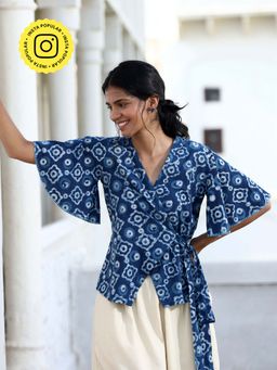 Okhai - Starry Eyes Hand-Embroidered Pure Cotton Blue Wrap Top